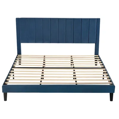 Quikfurn King Size Modern Navy Blue Velvet Upholstered Platform Bed With Headboard