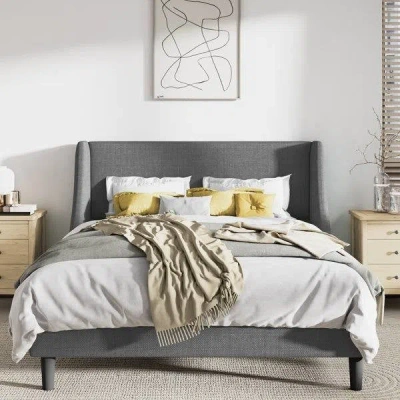 Quikfurn King Size Upholstered Linen Blend Headboard Wingback Platform Bed In Grey