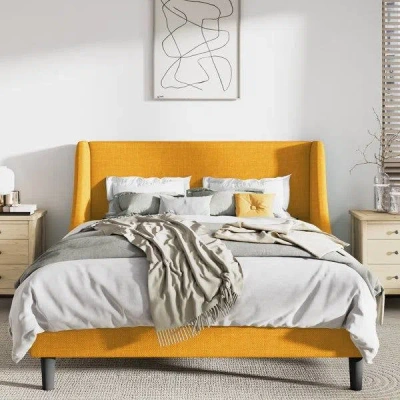 Quikfurn King Size Upholstered Linen Blend Headboard Wingback Platform Bed In Yellow