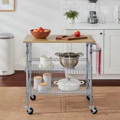 Quikfurn Kitchen Island Cart With Wood Top And 2 Bottom Storage Shelves On Wheels