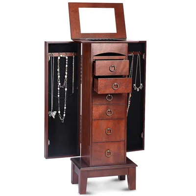 Quikfurn Medium Brown Wood Jewlery Armoire Storage Chest Cabinet With Mirror