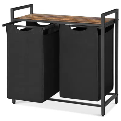 Quikfurn Metal Wood Industrial Modern Laundry Sorter Hamper Black/brown