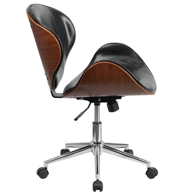 Quikfurn Mid-back Walnut / Black Faux Leather Office Chair With Curved Bentwood Seat