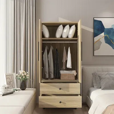 Quikfurn Mid-century 2-door Armoire Wardrobe Cabinet With Hanging Rail In Oak Finish