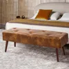 Quikfurn Mid-century End Of Bed Bench With Brown Leather Upholstered Seat Solid Wood Legs