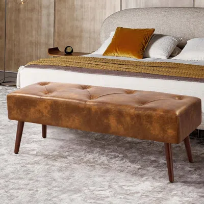 Quikfurn Mid-century End Of Bed Bench With Brown Leather Upholstered Seat Solid Wood Legs