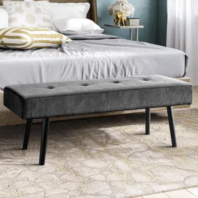 Quikfurn Mid-century Grey Corduroy Upholstered End Of Bed Bench With Black Metal Legs In Gray
