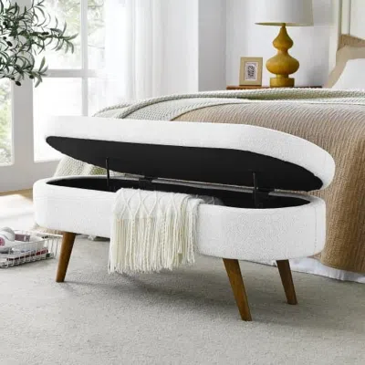 Quikfurn Mid-century Modern Boho Style White Linen End Of Bed Storage Bench