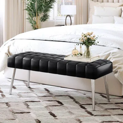 Quikfurn Mid-century Modern End Of Bed Bench With Black Pu Leather Seat And Tapered Legs