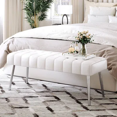 Quikfurn Mid-century Modern End Of Bed Bench With White Pu Leather Seat And Tapered Legs In Pattern
