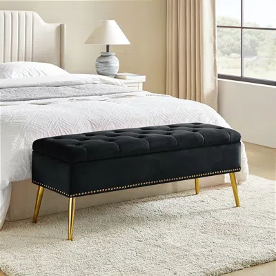 Quikfurn Mid-century Modern End Of Bed Storage Bench With Black Velvet Seat And Gold Legs