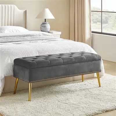 Quikfurn Mid-century Modern End Of Bed Storage Bench With Gray Velvet Seat And Gold Legs