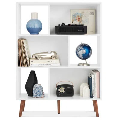 Quikfurn Mid Century Modern Style Bookcase Storage Shelving Unit In White Wood Finish