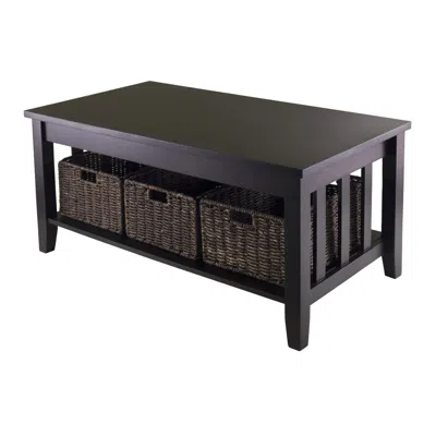 Quikfurn Mission Style Dark Wood Coffee Table With 3-folding Storage Baskets