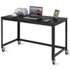 Quikfurn Mobile Steel Frame Laptop Computer Desk With Black Wood Top And Locking Casters