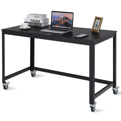 Quikfurn Mobile Steel Frame Laptop Computer Desk With Black Wood Top And Locking Casters