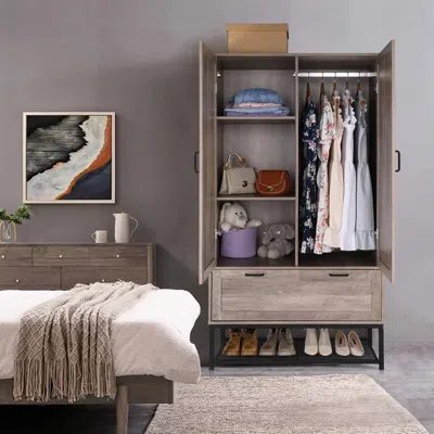 Quikfurn Modern 2-door Bedroom Wardrobe Cabinet Armoire Shoe Rack In Retro Grey Finish