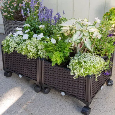 Quikfurn Modern 2-piece Indoor Outdoor Raised Garden Planter Box On Wheels In Pp Rattan
