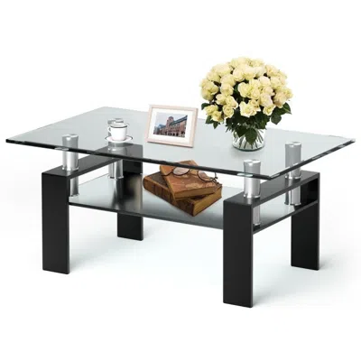 Quikfurn Modern 2 Tier Glass Coffee Table With Black Metal Legs