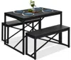 Quikfurn Modern 3-piece Dining Set - Metal Frame Black Wood Top Table And 2 Bench Chairs