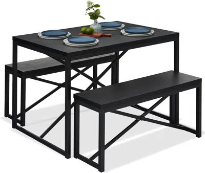 Quikfurn Modern 3-piece Dining Set - Metal Frame Black Wood Top Table And 2 Bench Chairs