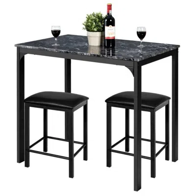 Quikfurn Modern 3-piece Dining Set Black Faux Marble Table-top And 2 Black Chairs Stools