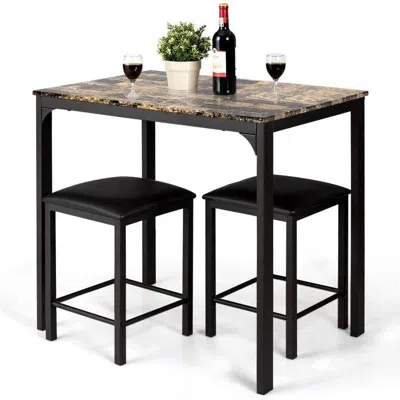 Quikfurn Modern 3-piece Dining Set Brown Faux Marble Table-top And 2 Black Chairs Stools