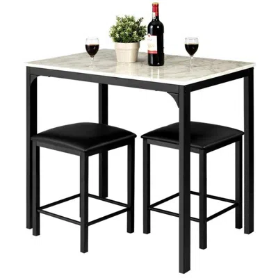 Quikfurn Modern 3-piece Dining Set White Faux Marble Table-top And 2 Black Chairs Stools