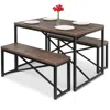 QUIKFURN MODERN 3-PIECE DINING SET WITH WOOD TOP METAL FRAME TABLE AND 2 BENCH CHAIRS