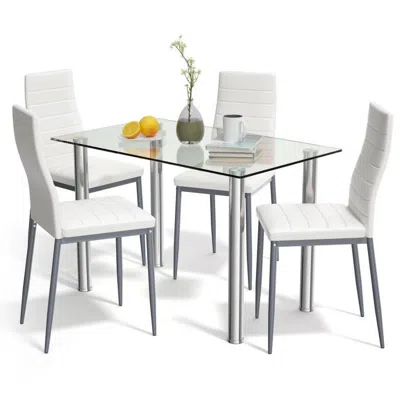 Quikfurn Modern 5-piece Dining Set With Glass Top Table And 4 White Pvc Leather Chairs