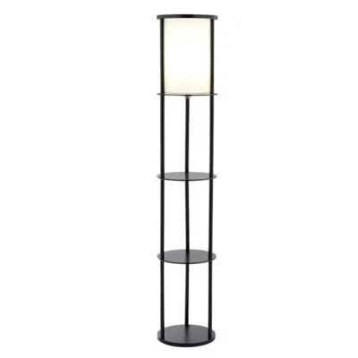 Quikfurn Modern Asian Style Round Shelf Floor Lamp In Black With White Shade