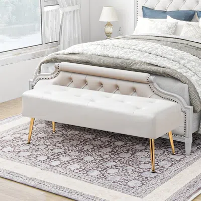 Quikfurn Modern Bed Bench Ottoman With White Ivory Pu Leather Seat And Gold Metal Legs