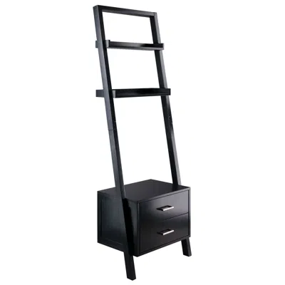 Quikfurn Modern Black 2 Drawer Entryway Shelf Leaning Ladder Bookshelf Bookcase
