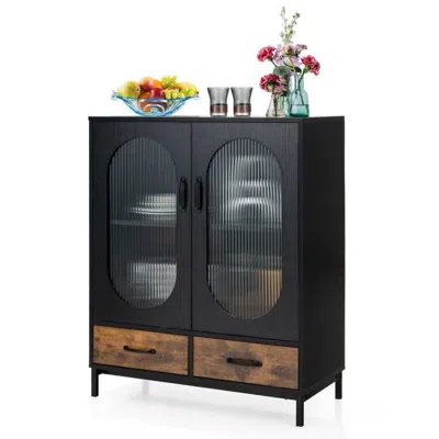 Quikfurn Modern Black Brown Metal Wood Sideboard Dining Buffet Cabinet With Glass Doors