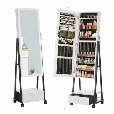 Quikfurn Modern Black Metal White Wood Jewelry Armoire Cabinet Organizer Mirror On Wheels