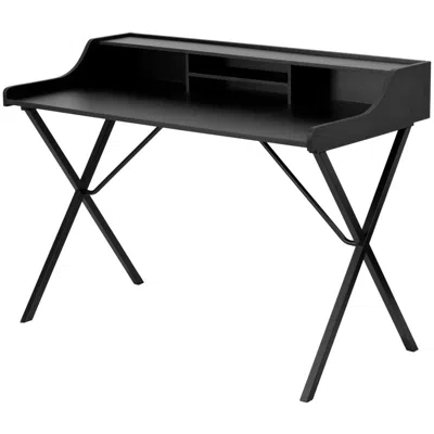 Quikfurn Modern Black Office Table Computer Desk With Raised Top Shelf