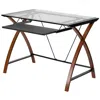 Quikfurn Modern Cherry Finish Glass Top Writing Table Computer Desk With Keyboard Tray