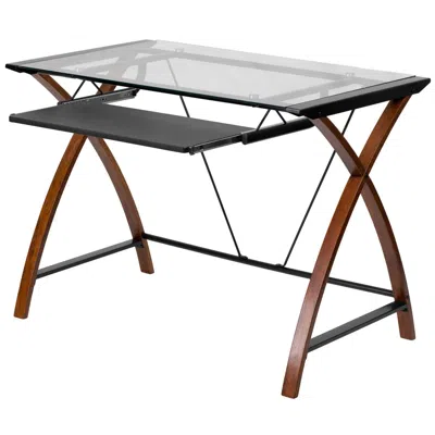 Quikfurn Modern Cherry Finish Glass Top Writing Table Computer Desk With Keyboard Tray