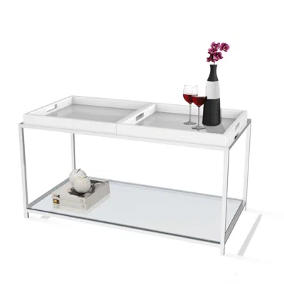 Quikfurn Modern Chrome Metal Coffee Table With 2 White Removable Trays