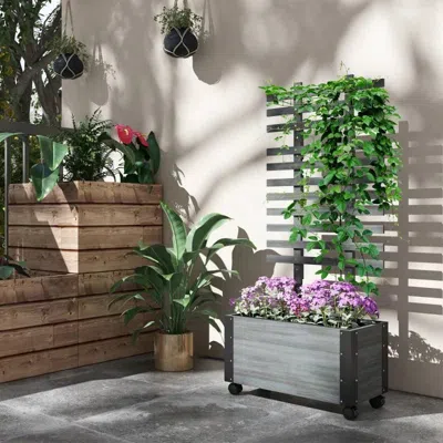 Quikfurn Modern Farmhouse Grey Wood Raised Garden Bed Planter On Wheels With Trellis In Gray