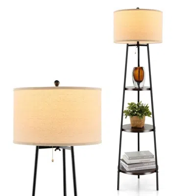 Quikfurn Modern Floor Lamp 3-tier Bookcase Shelf With Round Drum Linen Lampshade In Blue