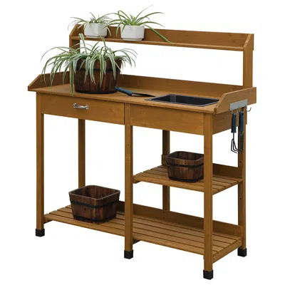 Quikfurn Modern Garden Potting Bench Table With Sink Storage Shelves & Drawer
