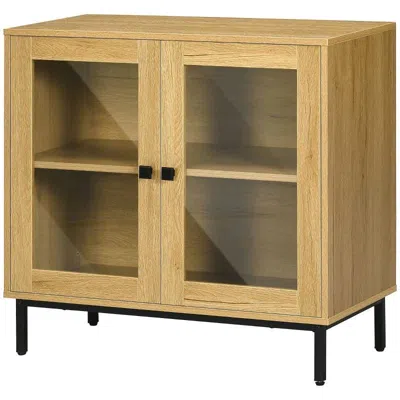 Quikfurn Modern Glass Door Sideboard Buffet Dining Storage Cabinet In Oak Wood Finish