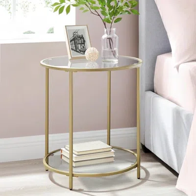 Quikfurn Modern Glass Top Round Metal End Table Nightstand With Bottom Shelf In Gold