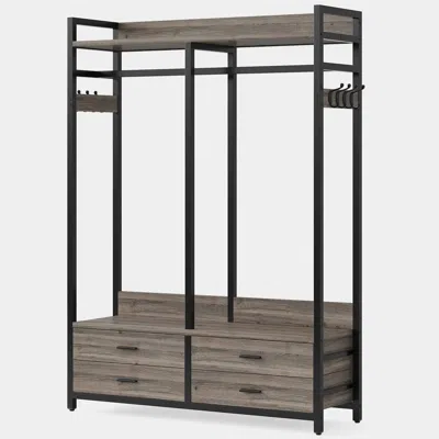 Quikfurn Modern Grey Black Garment Rack With Clothes Hanging Rod And 4 Storage Drawers