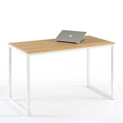 Quikfurn Modern Home Office Desk With White Metal Frame And Wood Table Top