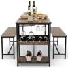 Quikfurn Modern Industrial 3-piece Metal Wood Dining Set With 2 Benches And Wine Rack