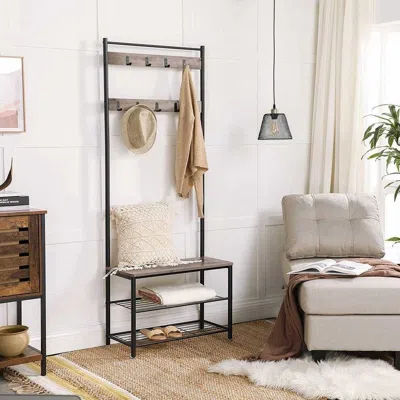 Quikfurn Modern Industrial Black Grey Entryway Coat Rack Shoe Bench With 2 Shelves