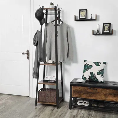 Quikfurn Modern Industrial Metal Frame Wood Shelf Coat Rack With 3-shelves