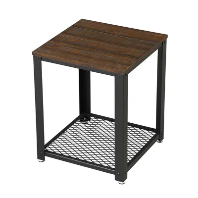 Quikfurn Modern Industrial Metal Wood Nightstand Side Table With Mesh Shelf In Brown